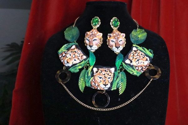 SOLD! 8013 Baroque 3 Leopards Jungle Hand Painted Bib Necklace