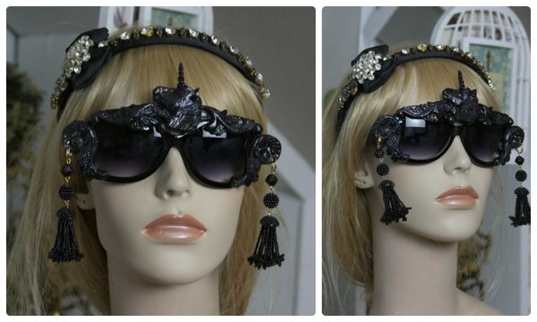 SOLD! 947 UV 400 Zibellini Hand Painted Embellished Black Glitter Unicorn Tassel Shades Sunglasses