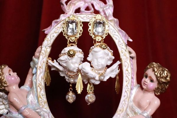 SOLD! 8019 Baroque White Large Chubby Cherubs Angels Dangle Earrings