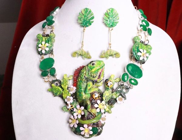 SOLD! 8020 Set Of Genuine Zambian Emerald Hand Painted Vivid Iguana Necklace+ Earrings