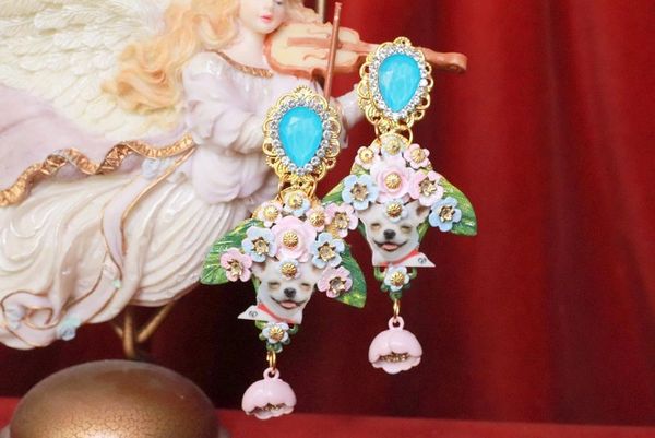 SOLD! 8045 Baroque Chihuahua Flowers Dangle Earrings Studs