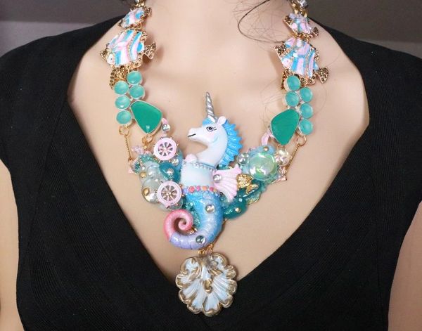 SOLD! 8047 Set Of Nautical Unicorn Sea Horse Genuine Chalcedony Necklace+ Earrings
