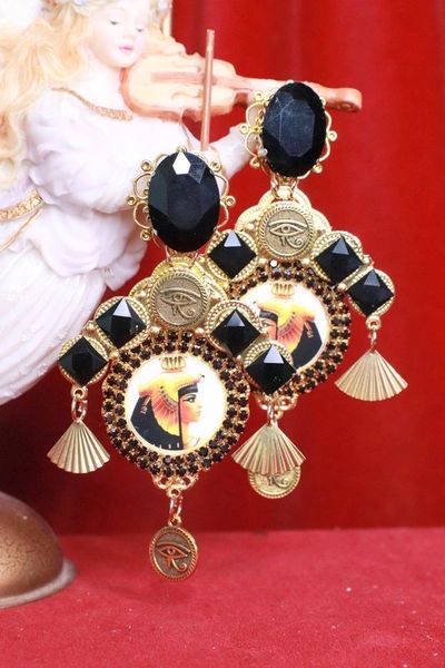 SOLD~ 8079 Egyptian Revival Cleopatra Black Rhinestone Cameo Massive Earrings