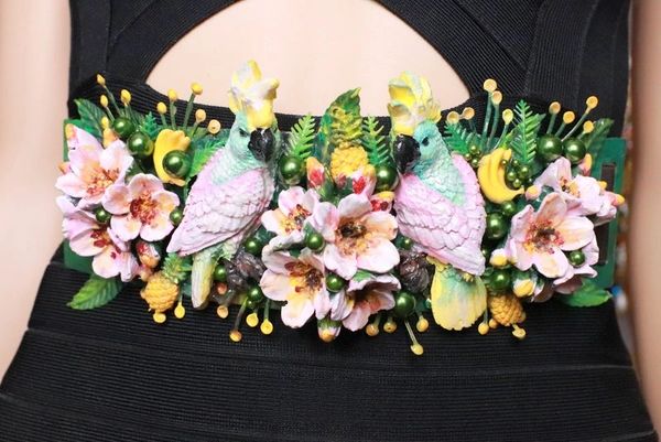 SOLD! 8081 Art Nouveau Hand Painted Pearlish Parrots Tropical Dona Anna Flowers Embellished Waist Gold Belt Size S, L, M
