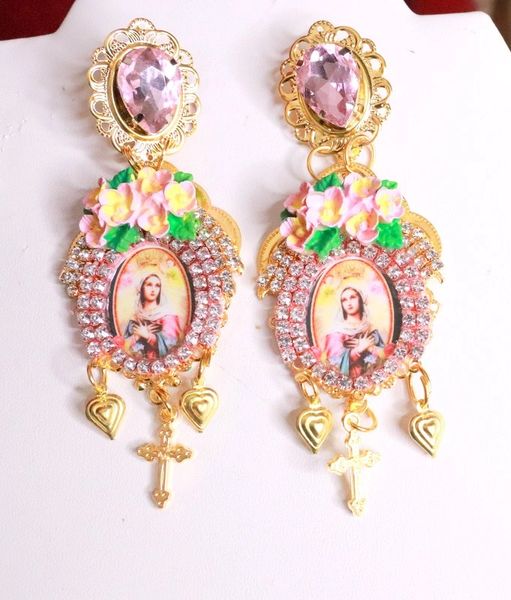 SOLD! 8092 Church Virgin Mary Pale Pink Studs Dangle Earrings