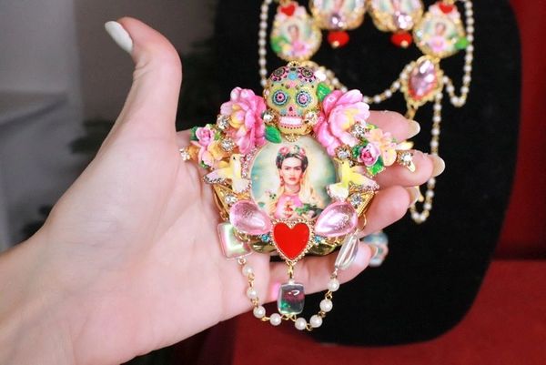 SOLD! 8094 Frida Kahlo Pastel Colors Hand Painted Birds Sacred Heart Huge Brooch