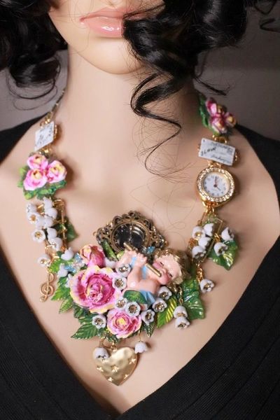 SOLD! 8142 Set Of Hand Painted Cherub Watch Fife Lily Of The Valley 3D Effect Statement Necklace+ Earrings