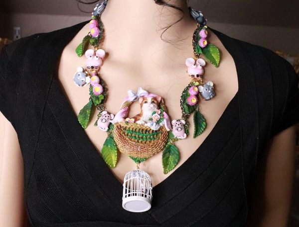 SOLD! 8144 Set Of Art Jewelry Hand Painted 3D Effect Kitty Cat Mise Statement Necklace+ Earrings