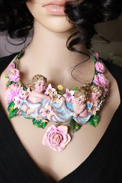 SOLD! 8157 Set Of Hand Painted 3D Effect Rococo Cherubs Angels Looking Down Statement Necklace+ Earrings