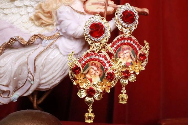 SOLD! 8207 Church Virgin Mary Madonna And a Child Red Cameo Studs Dangle Earrings