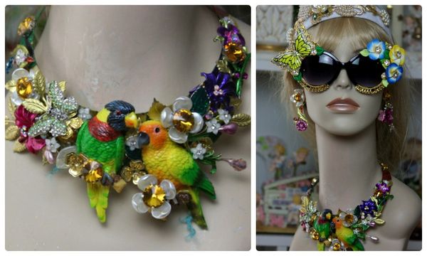 SOLD! 963 Zibellini SET 3 D Effect Art Nouveau Vivid Parrots Enamel Flower Unique Crystal Set Necklace Choker Plus Earrings