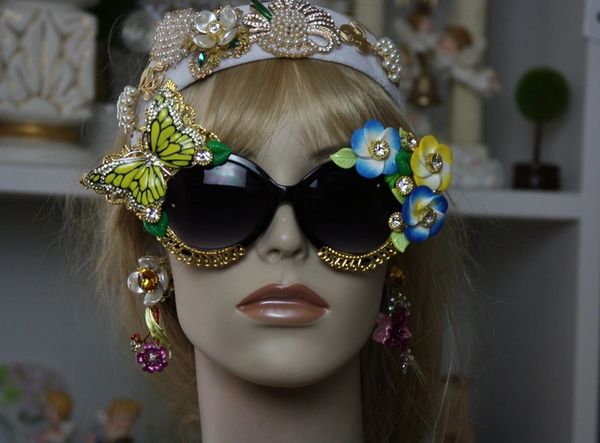 SOLD! 964 Art Nouveau Enamel Flower Crystal Butterfly Yellow Blue Flower Embellished Fancy Shades Sunglasses Eye Wear