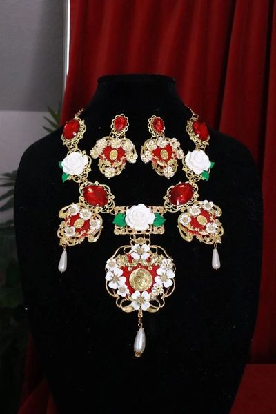 SOLD! 8235 Set Of Baroque Sacred Heart Red Roses Statement Necklace+ Earrings