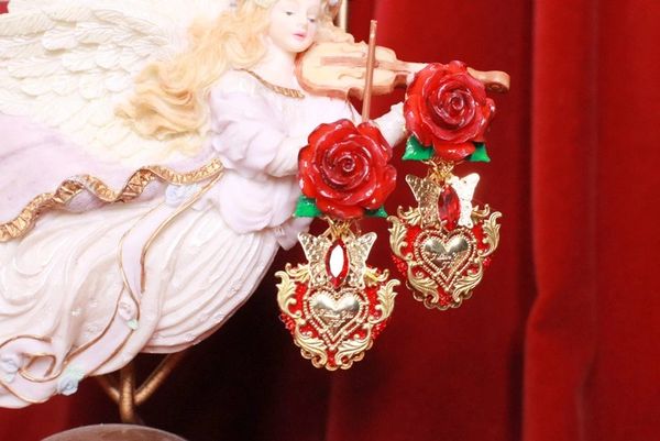SOLD! 8236 Baroque Sacred Heart Rose Red Earrings Studs
