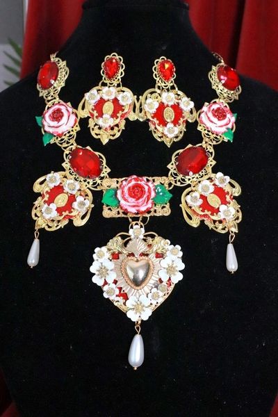 SOLD! 8237 Set Of Baroque Sacred Heart Red Roses Statement Necklace+ Earrings