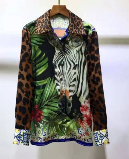 8247 High-End 100% Twill Silk Runway 2021 Zebra Jungle Print Shirt Size Us6