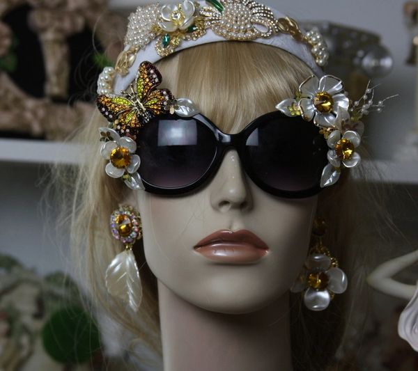 SOLD! 967 Art Nouveau Enamel Flower Crystal Butterfly Pearl Flower Embellished Fancy Shades Sunglasses Eye Wear