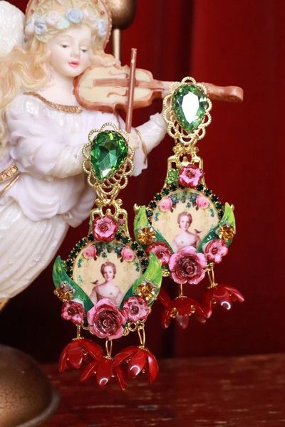 SOLD! 8313 Young Marie Antoinette Dark Flowers Cameo Elegant Earrings