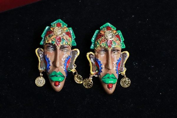 8316 African Revival Hand Painted Mask Green Lips Unique Earrings