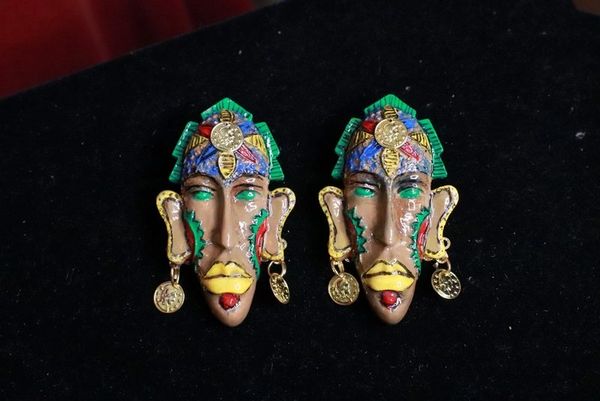 8317 African Revival Hand Painted Mask Yellow Lips Unique Earrings