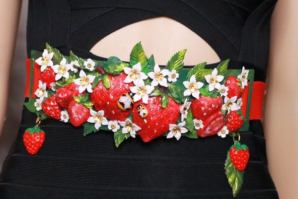 SOLD! 8359 Baroque Strawberry Hand Painted Embellished Waist Gold Belt Size S, L, M