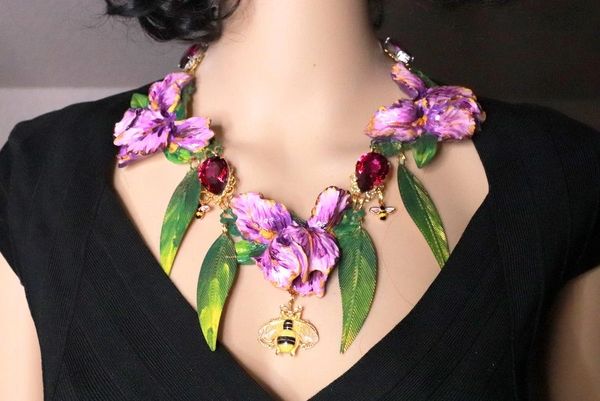 SOLD! 8363 Art Nouveau Vivid Hand Painted Iris Flower Massive Necklace