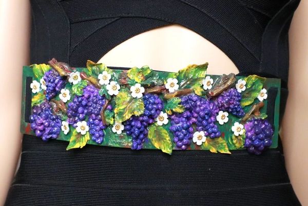 SOLD! 8366 Art Nouveau Grapes Hand Painted Embellished Waist Gold Belt Size S, L, M