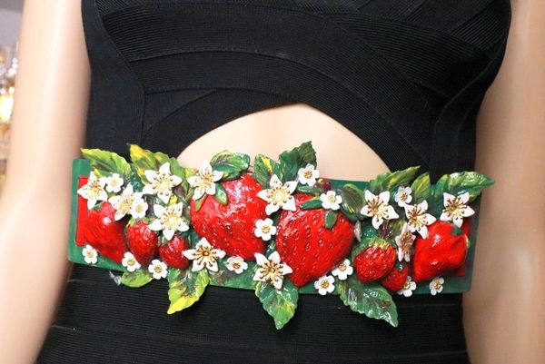 SOLD! 8368 Baroque Strawberry Hand Painted Embellished Waist Gold Belt Size S, L, M