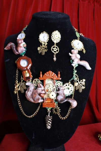 SOLD! 8403 Set Of Art Jewelry 3D Effect Squirrel Clock Oak Necklace+ Earrings