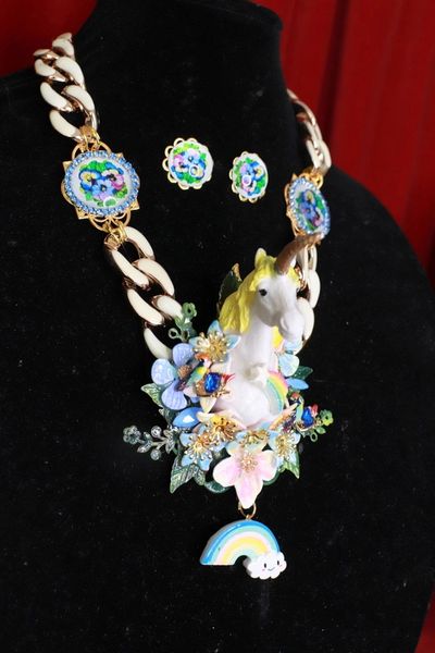 8421 Set Of Art Jewelry 3D Effect Unicorn Pastel Flowers Cameos Necklace+ Earrings