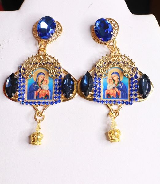 SOLD! 8428 Virgin Mary Icon Blue Gold Studs Earrings