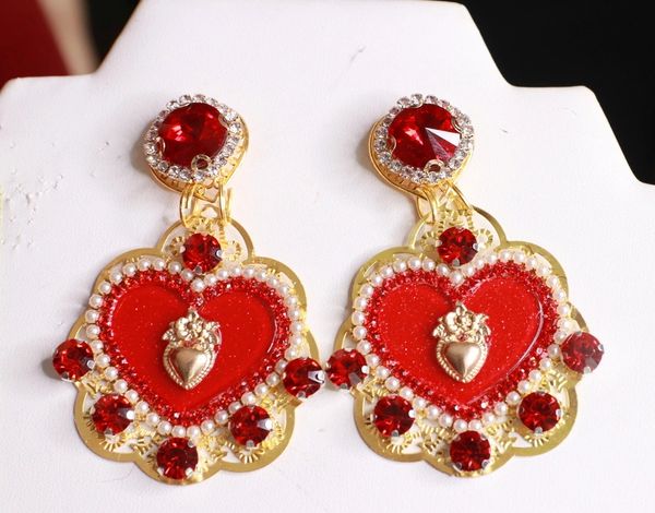 SOLD! 8435 Baroque Italian Red Sacred Heart Studs Earrings
