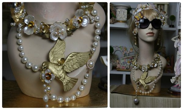 SOLD! 983 Zibellini SET 3 D Effect Art Nouveau Gold Bird Pearl Flower Unique Crystal Set Necklace Choker Plus Earrings