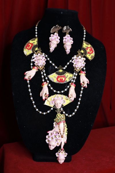 SOLD! 8452 Set Of Japanese Fan Faces Hands Long Necklace+ Earrings