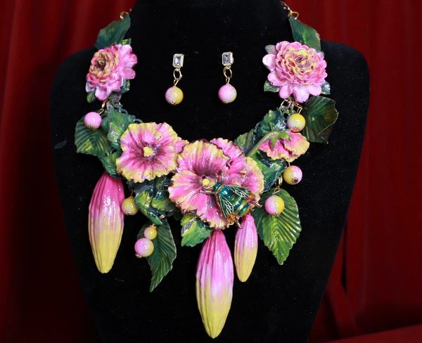 SOLD! 8456 Set Of 3D Effect Hand Painted Village Flowers Hibiscus Bee Massive Genuine Agates Statement Necklace+ Earrings