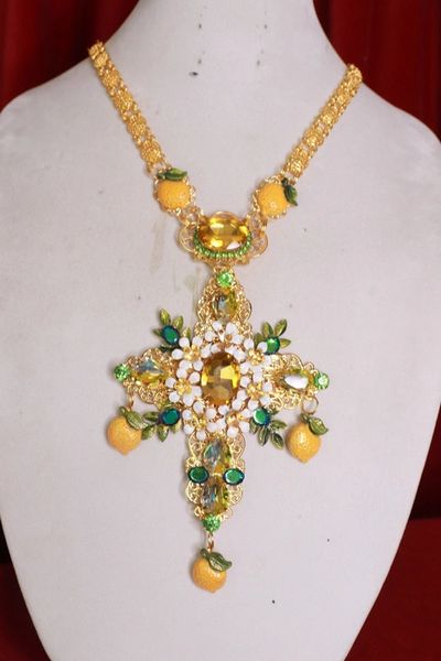 SOLD! 8465 Baroque Cross Lemon Fruit Rhinestone Massive Cross Necklace