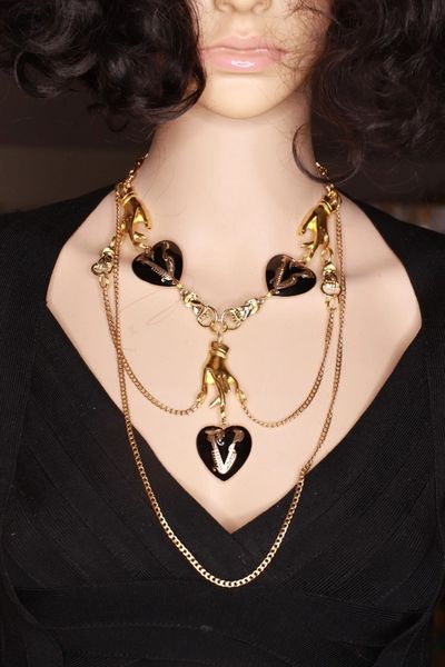 SOLD! 8481 Runway Stylish Baroque Black Hearts Hands Necklace