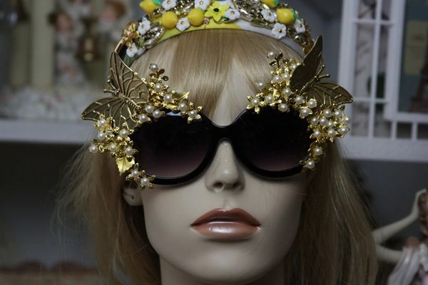 SOLD! 988 Total Baroque Miami Gold Filigree Butterfly Pearl Flower Embellished Sunglasses UV400