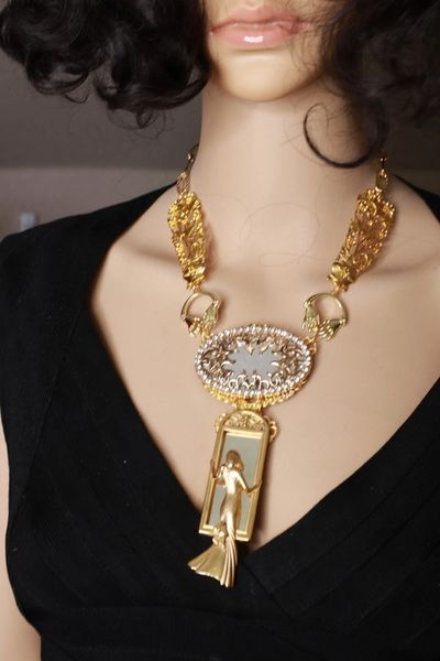 SOLD! 8502 Art Deco Gold tone Lady In The Mirror Massive Elegant Necklace