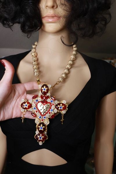 SOLD! 8504 Baroque Huge Red Rhinestones Sacred Heart Cross Necklace