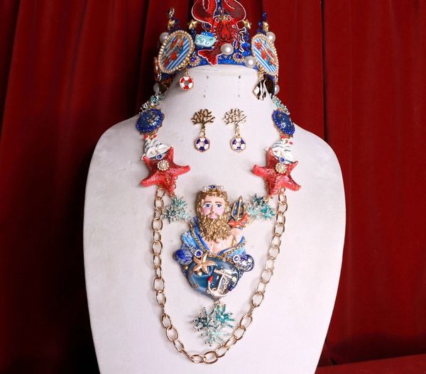 SOLD! 8536 Art Jewelry Set Of Mythological Poseidon Neptun Agate Necklace+ Earrings