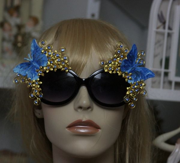 SOLD! 991 Total Baroque Miami Gold Filigree Blue Butterfly Crystal Flower Embellished Sunglasses UV400