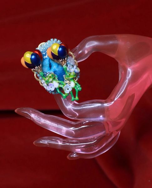 8565 Genuine Crysocolla Gemstones Adorable Frogs Balloon Adjustable Cocktail Ring