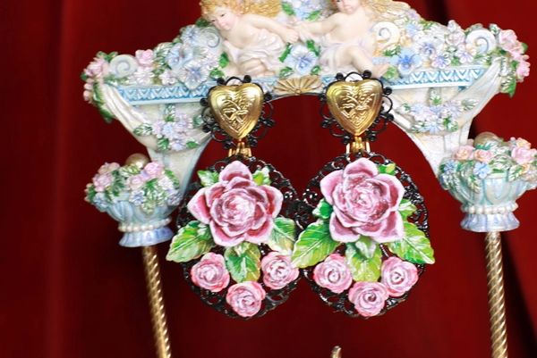 8571 Baroque Massive Hand Painted Roses Sacred Heart Earrings