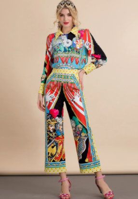 8581 Runway 2021 Baroque Knights Print Shirt+ Pants Twinset