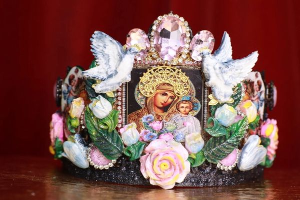 8603 Madonna Virgin Mary Icon Doves Cameos Crown Tall Headband