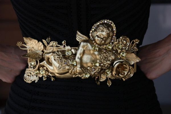 SOLD! 997 Zibellini Baroque Gold HUGE Cherub Metal Flower Crystal Belt S, M, L, XL