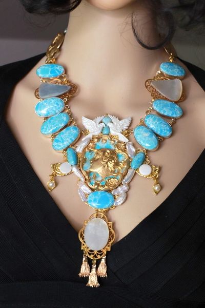 SOLD! 8619 Faux Caribbean Larimar Genuine Mother Of Pearls Goddess Doves Unique Necklace