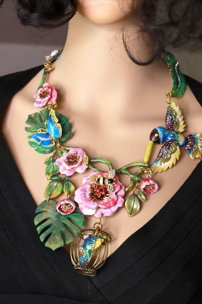 SOLD! 8621 Enamel Flower Bird Cage Vacation Unique Necklace