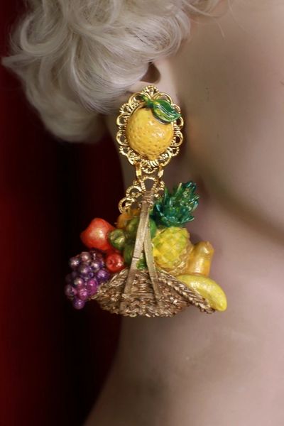 SOLD! 8622 Baroque Picnic Basket Fruits Hand Painted Studs Earrings